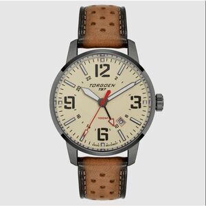 New Torgoen TN-1290 T57 Cream GMT Sapphire 41mm Leather Strap Watch